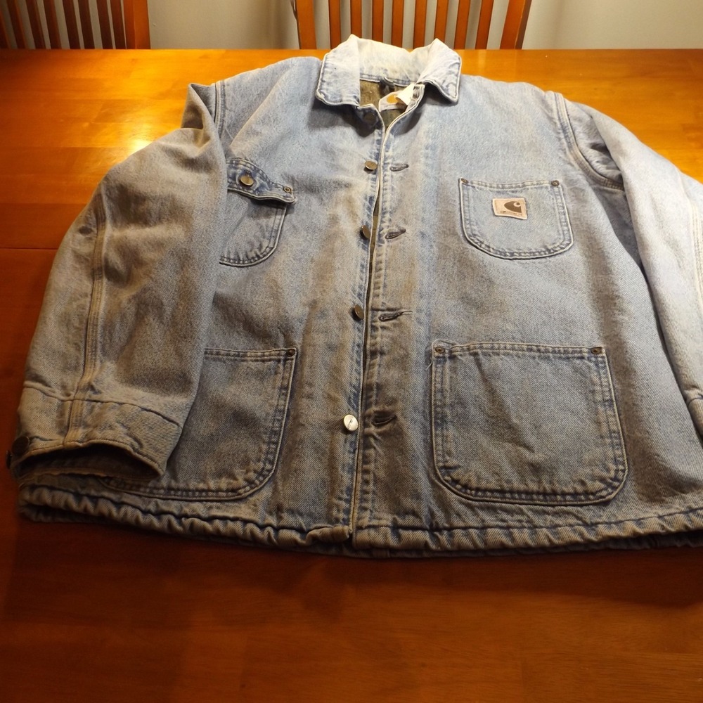 Vintage Carhartt Denim Chore Coat Large Blanket Lined Blue Work Jacket Michigan